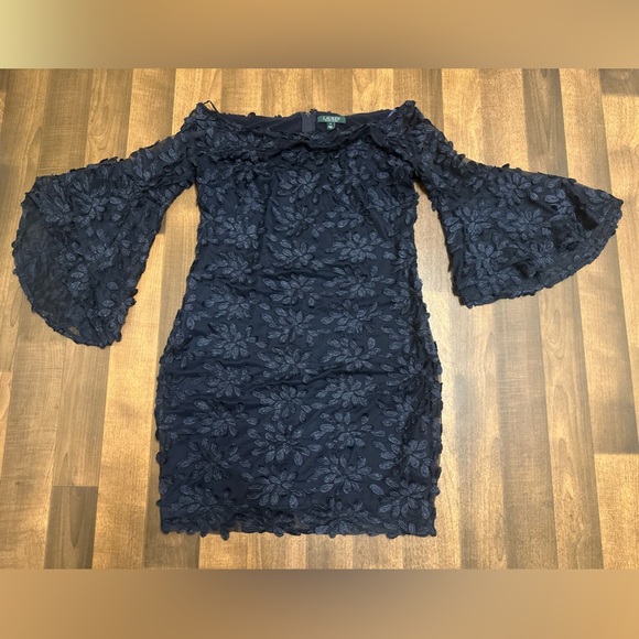 Lauren Ralph Lauren Navy Off-Shoulder Bell Sleeve Dress - Picture 2 of 12